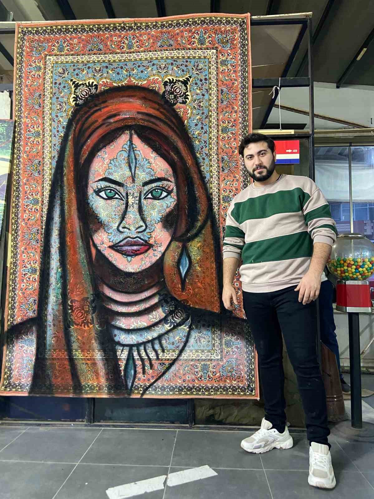 BANDIRMA'DA SPREY BOYA İLE ESKİ HALILAR SANATA DÖNÜŞÜYOR SPREY BOYAYLA HALILARA SANATSAL DOKUNUŞ BANDIRMA'DA HALI ÜZERİNDE SANAT GELENEKSEL MOTİFLER MODERN SANATLA BULUŞTU