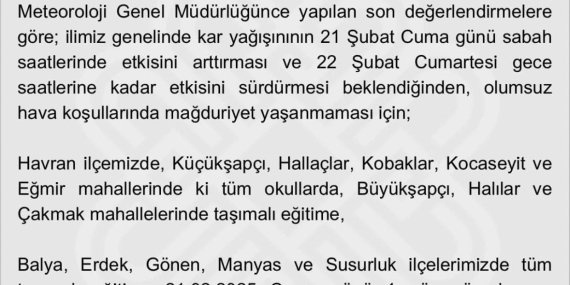Balıkesir’de eğitime kar engeli