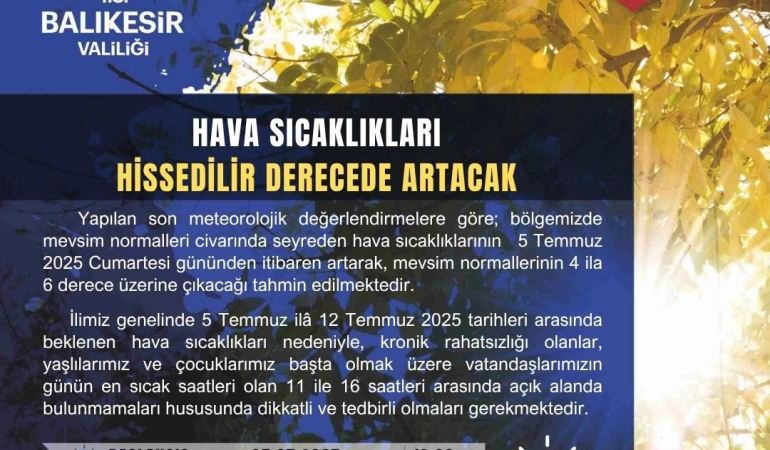 Balıkesir Valiliği’nden sıcak hava uyarısı